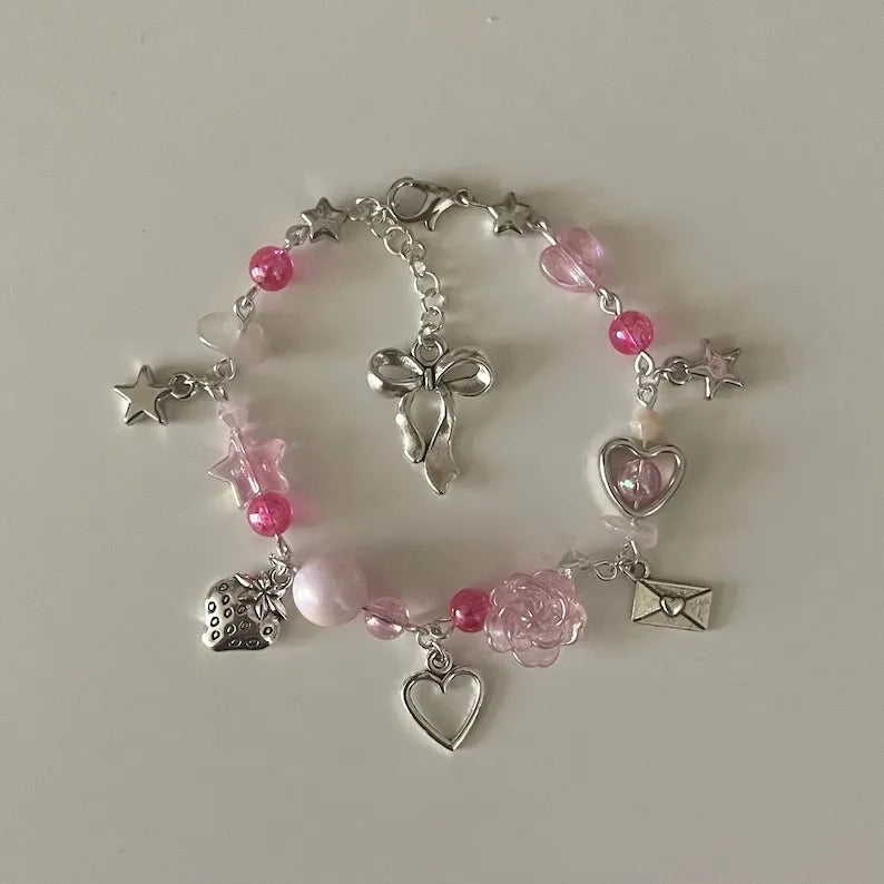 luckacco harajuku pentagram pearl beaded bracelets for women 2023 korean aesthetic cute star blue glass ball bracelets y2k jewelry gifts