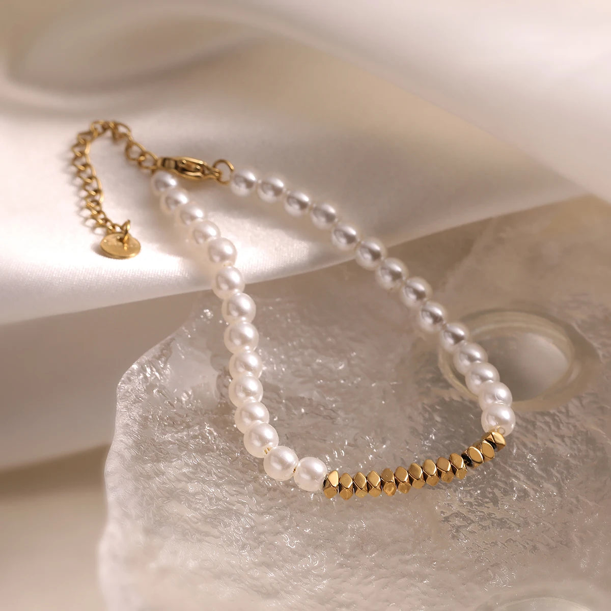luckacco newbuy brand gold color stainless steel beads imitation pearl bracelet for elegant women non-fading jewelry