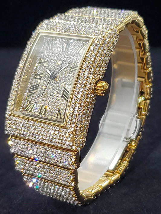 Luckacco Gold Men's Watches Rectangle Dial Luxury Diamond Fashion Big Wristwatches Luminous Point Iced Quartz Watch For Men