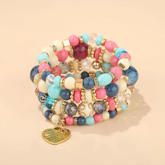 Luckacco 4Pcs/set Boho Ethnic Heart Beaded Bracelet Set For Women Handmade Crystal Beads Chain Bangle Female Bohemia Jewelry Gift