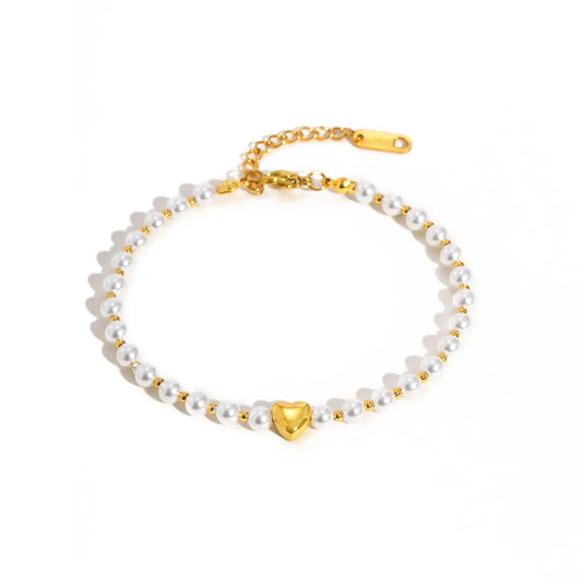 Luckacco Elegant High Quality Imitation Pearl Beads Bracelet for Women, Stainless Steel Heart Charm Bracelet, Waterproof Fashion Jewelry