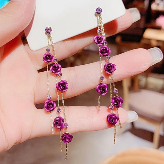 Luckacco 2pcs retro style long style diamond inlaid rose earrings for women's daily dating accessories