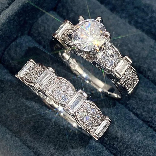 Luckacco Gorgeous Silver Color Inlaid with White Stone Rings Set Fashion Round Party Engagement Wedding Rings for Women Jewelry