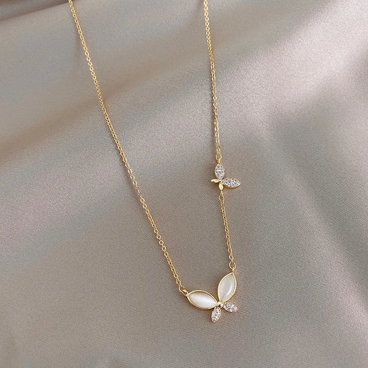 Luckacco Stainless Steel Luxury Gold Color Opal Butterfly Pendant Necklace for Women Exquisite Zircon Chokers Bride Jewelry Colorfast