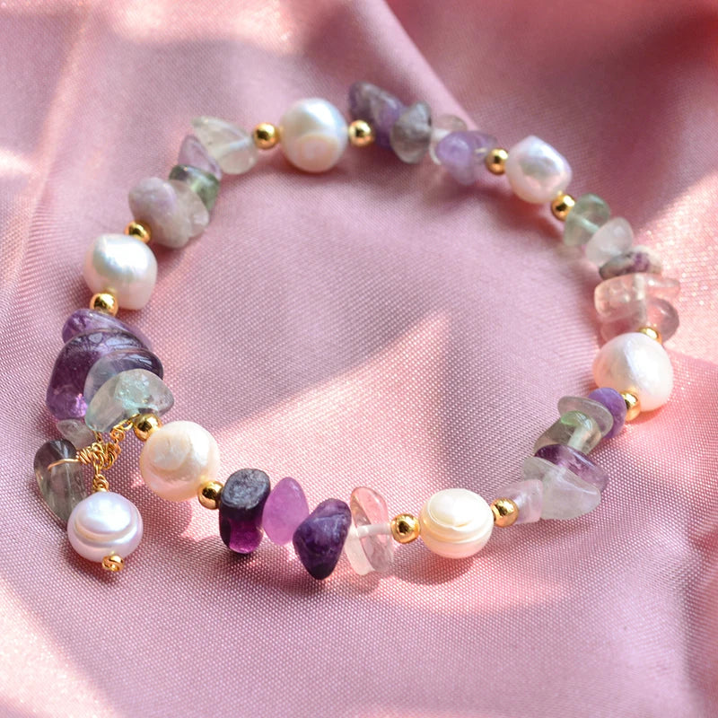 luckacco 100% natural freshwater pearl & purple crystal 14k gold filled female charm bracelet jewelry for women christmas gifts no fade