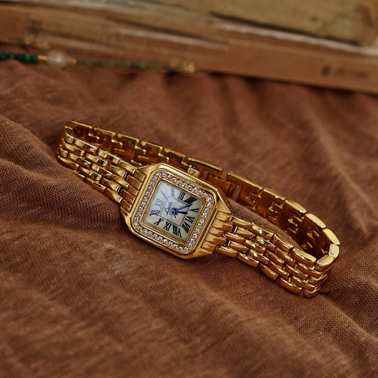 Luckacco 1pc New Arrival Gold-Tone Square Dial Women's Waterproof Watch With Inlaid Rhinestone, Elegant & Simple Style, watch for women