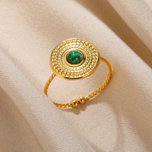 Luckacco Stainless Steel Rings Natural Stone Lucky Jewelry Round Sun Vintage Gold Color Ring For Women Anniversary Gift New Female Male