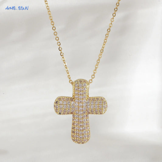 Luckacco SUNSLL Classic Chunky Full Cubic Zircon Cross Pendant Necklaces For Women Men Gold/Silver Color Catholicism Religious Jewelry