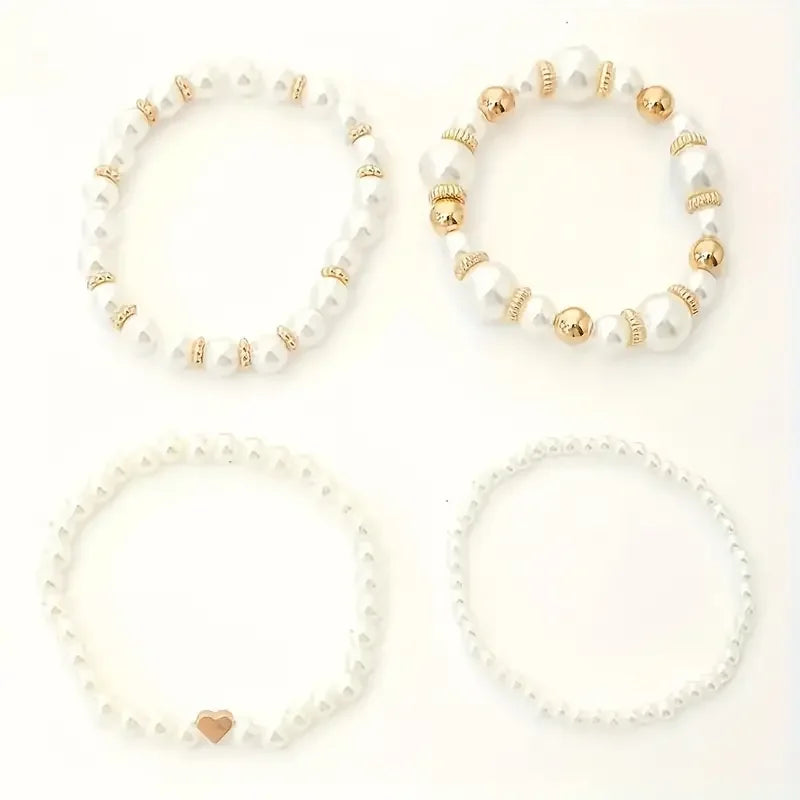 luckacco new 4 pcs/set imitation pearl beaded bracelets set for women fashion gold color heart big pearl bracelet trendy jewelry gifts