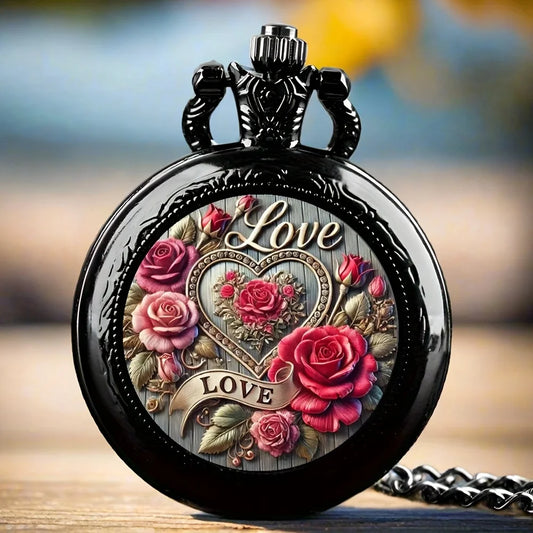 Luckacco Elegant Fashion Heart-Shaped Pocket Watch Necklace with Alloy Case, Pink Floral Design & Quartz Movement - Women's Jewelry