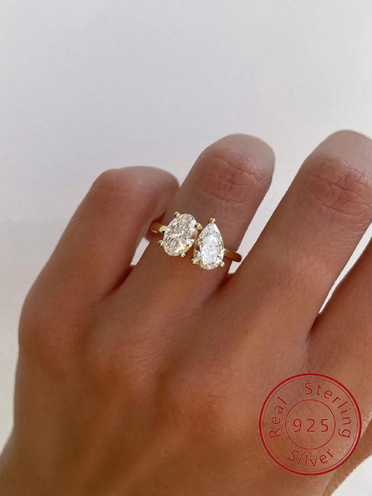 Luckacco 925 Sterling Silver Simple Classic Zircon Pear Shaped Oval Ring For Women Engagement Wedding Luxury High Quality Fine Jewelry