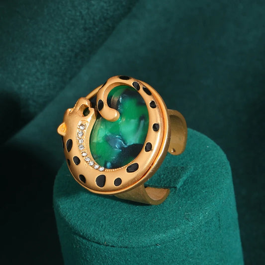 Luckacco Vintage Wedding Rings for Women Round Blue Natural Oval Green Crystal Horse Eye Shape Glass Retro Pattern Gold Color Jewelry