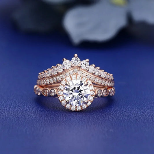 Luckacco Attractive Rose Gold Color Round Rings for Women White Stone Rings Set Jewelry Party Gift