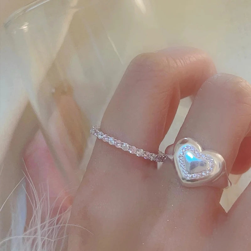 luckacco pink crystal irregular heart rings creative zircon bowknot opal love heart open ring y2k shiny rings for women party jewelry