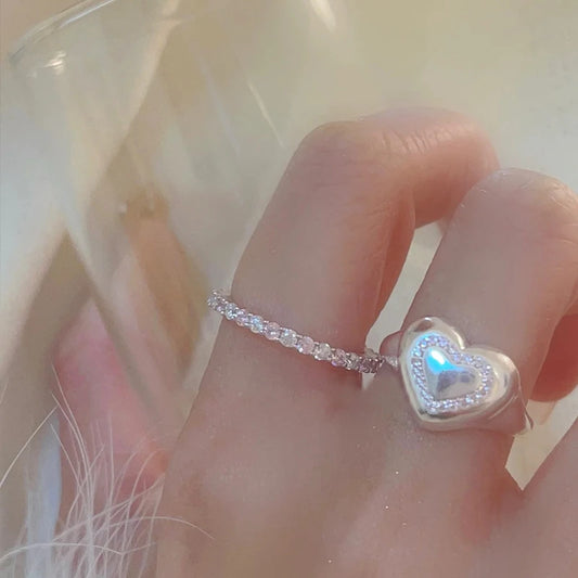 Luckacco Pink Crystal Irregular Heart Rings Creative Zircon Bowknot Opal Love Heart Open Ring Y2K Shiny Rings for Women Party Jewelry