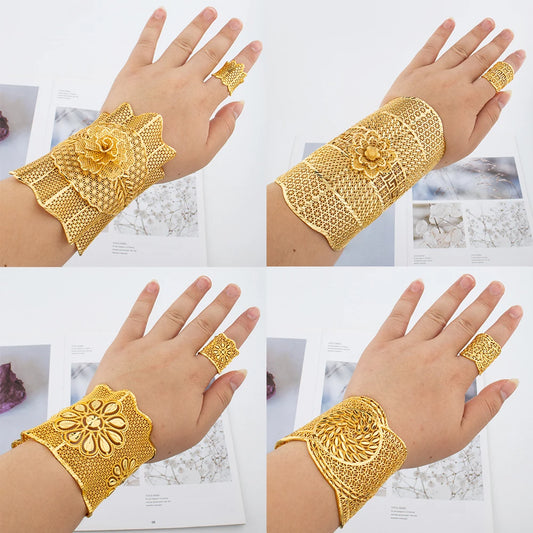 Luckacco Gold Plated Cuff Bracelet With Ring Female Dubai Gold Color Bangles For Women Luxury Dubai Anniversary Gift Jewelry Accessories