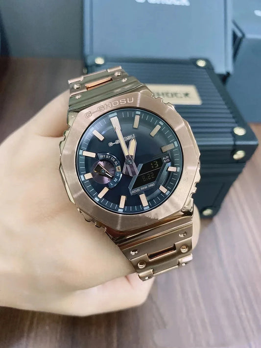 Luckacco Digital Sports Electronic Unisex Watch Full Function LED Alloy Large Dial World Time Steel Strap GMB Oak Series