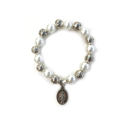 Luckacco Holy Father Mother Pendant Glass Pearl Beads Strand Elastic Bracelet For Men Women Religious Jewelry