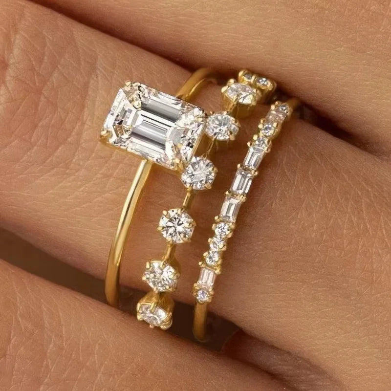 luckacco exquisite women rings gold color square round white stone rings set party accessories gift