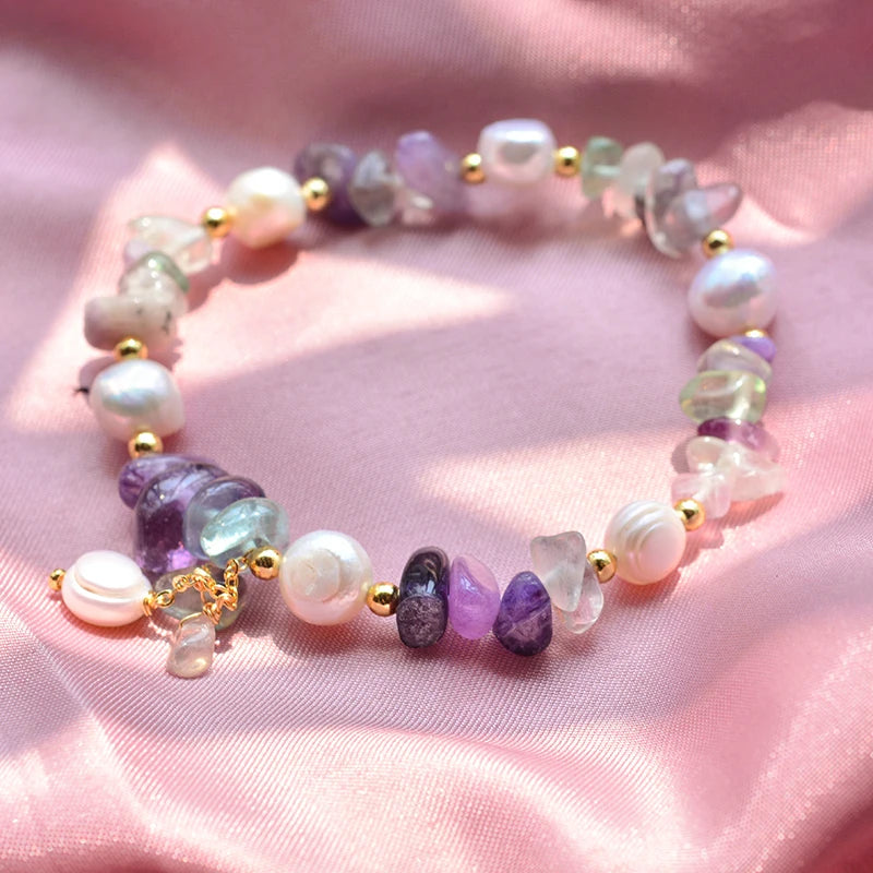 luckacco 100% natural freshwater pearl & purple crystal 14k gold filled female charm bracelet jewelry for women christmas gifts no fade
