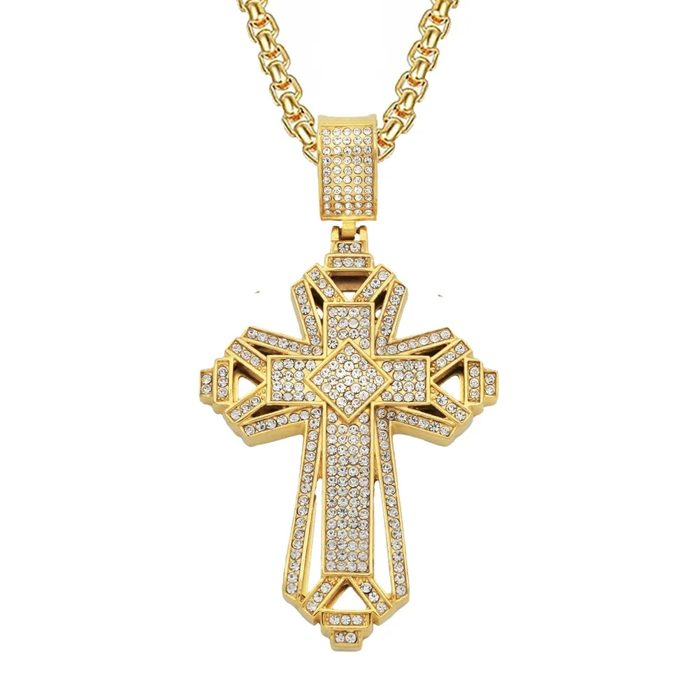 luckacco religious iced out zircon jesus cross pendant male gold color stainless steel christian big necklace for men jewelry gift 2025