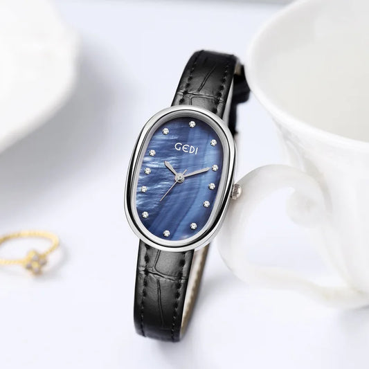 Luckacco Light luxury mother-of-pearl women's watch niche oval waterproof watch ladies litchi pattern leather belt quartz watch