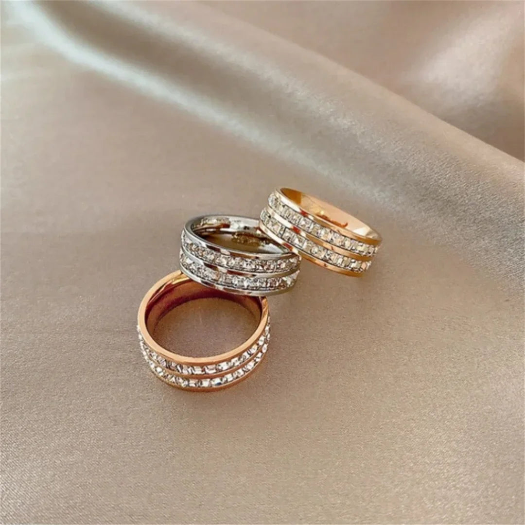 luckacco luxury rose gold double rowed square zircon stainless steel ring women's romantic engagement wedding party jewelry women gift