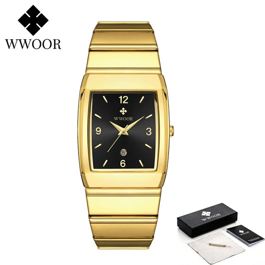 Luckacco Relogio Masculino WWOOR New Man's Square Watch For Men with Automatic Date Luxury Stainless Steel Gold Mens Quartz Wrist Watches