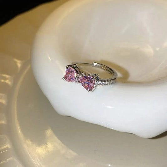 Luckacco Fashion Pink Bowknot Finger Ring Exquisite Sweet Bow-tie Ring Bowknot Adjustable Bowknot Opening Ring Weeding