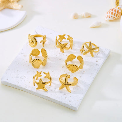 Luckacco Trendy Gold Color Stainless Steel Ring for Women Bohemian Shell Starfish Conch Flower Butterfly Heart Ring Party Jewelry Gift