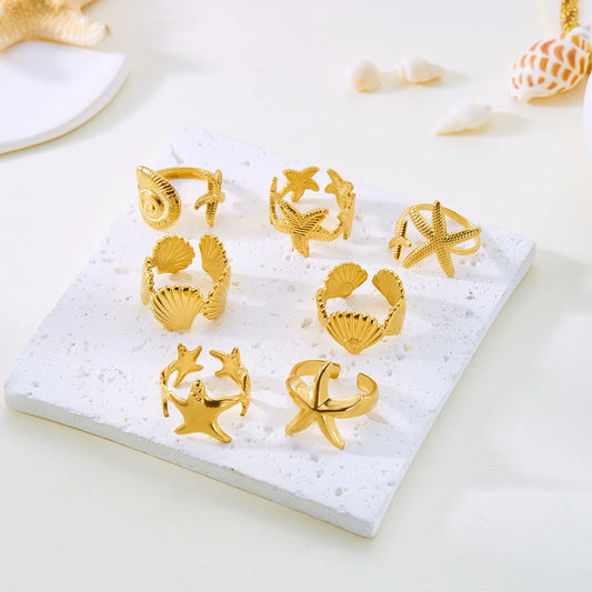 Luckacco Trendy Gold Color Stainless Steel Ring for Women Bohemian Shell Starfish Conch Flower Butterfly Heart Ring Party Jewelry Gift
