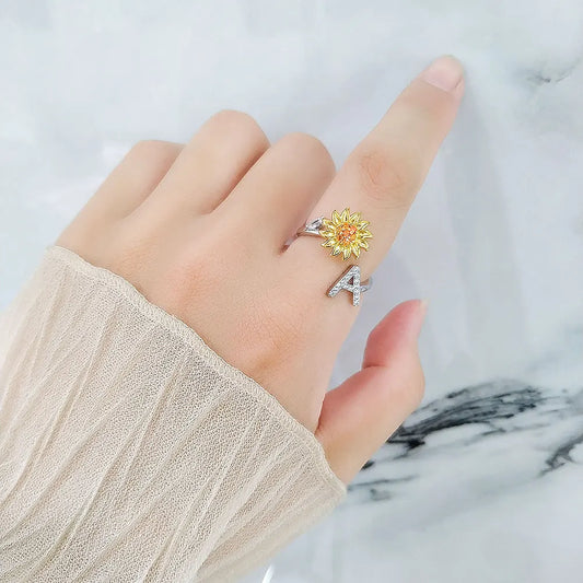 Luckacco Rotating Sunflower Initial Letter Rings For Women Anti Anxiety Spinner You Are My Sunshine Stainless Steel Ring Birthday Jewelry
