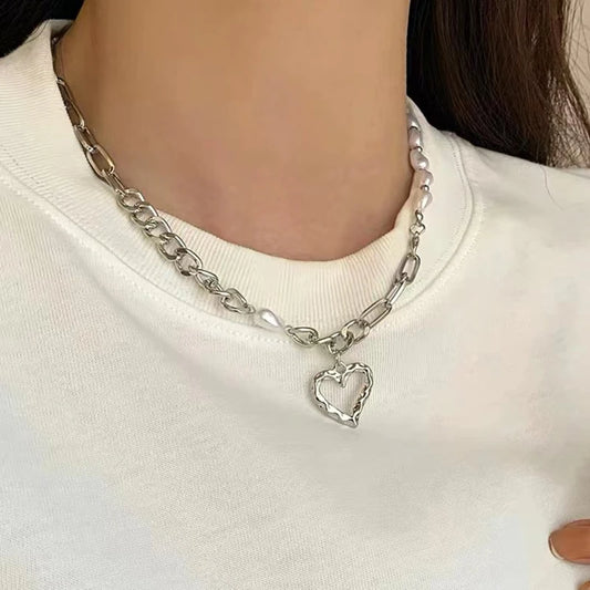 Luckacco New 925 Sterling Silver Heart Necklace Love Pendant Hip Hop Style Choker Party Gift for Women Fine Jewelry