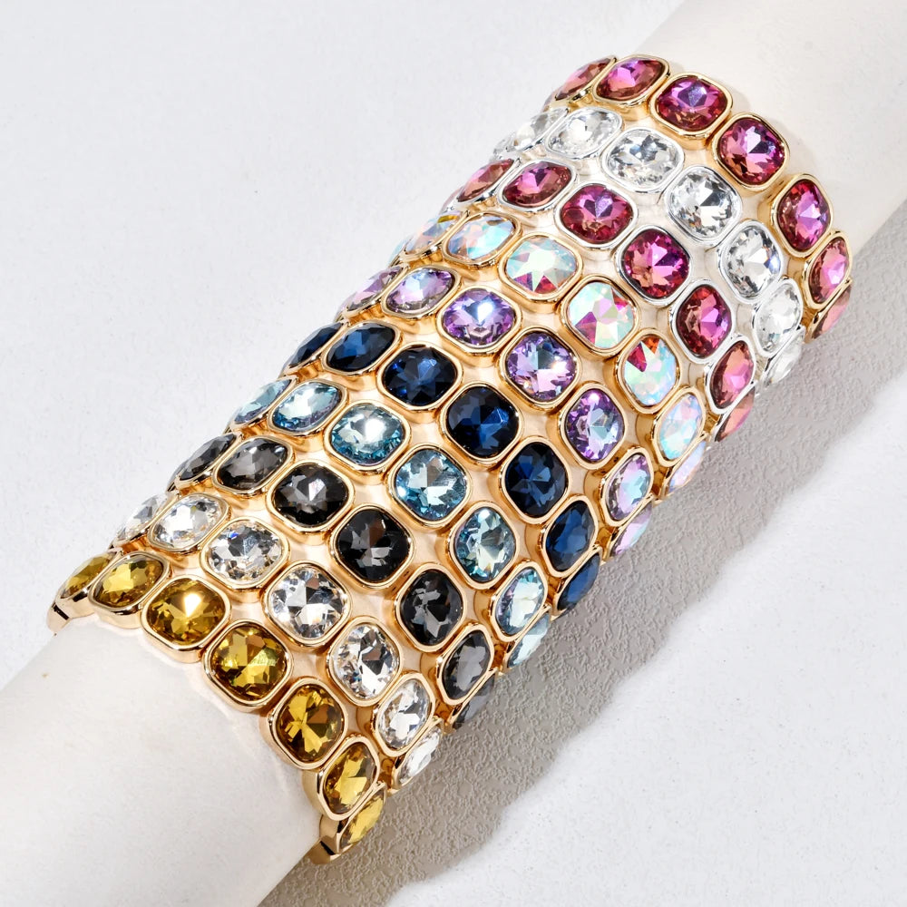 luckacco rose colorful glass crystal elastic bracelet enamel stretch rhinestone bangle tile bead bracelet for women fashion jewelry