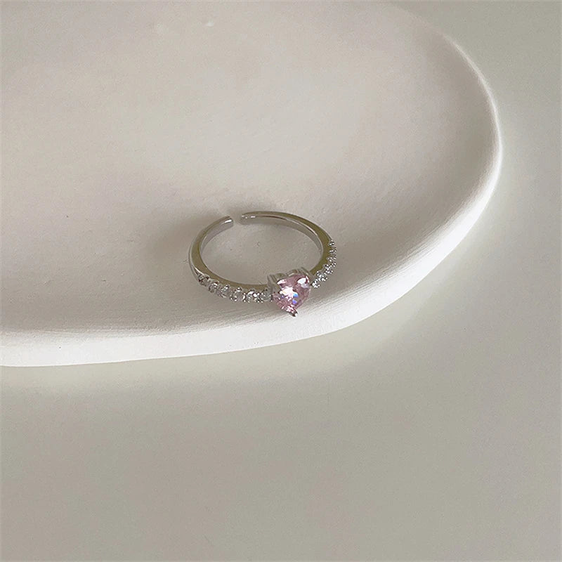 luckacco pink crystal irregular heart rings creative zircon bowknot opal love heart open ring y2k shiny rings for women party jewelry