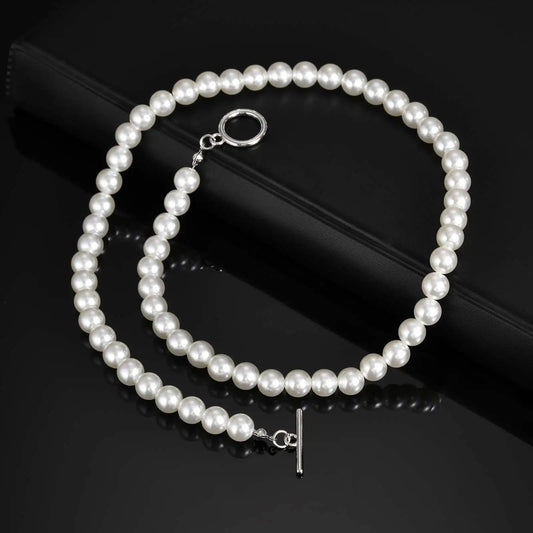 Luckacco 8mm Pearl Necklace for Men Women,White Imitation Pearl Beaded Collar,Casual Jewelry Gift