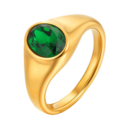 Luckacco Colorful Zircon Seal Ring For Women, 316L Stainless Steel Green Black Blue Red White CZ Rings, Gold Plated Engagement Jewelry