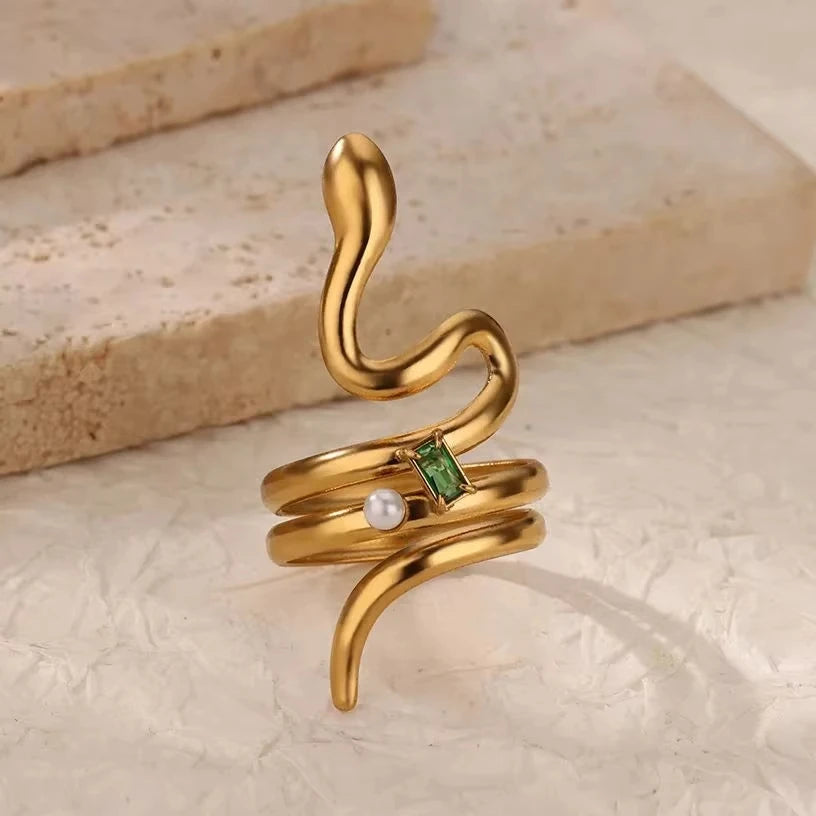 luckacco gold plated stainless steel green zircon snake rings for women men open adjustable finger ring vintage gothic aesthetic jewelry