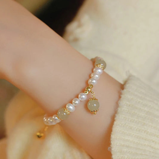 Luckacco Pearl Hotan Jade Female Beads High Quality Near Round Natural Freshwater Chain Bracelet Jewelry For Women Birthday Gifts