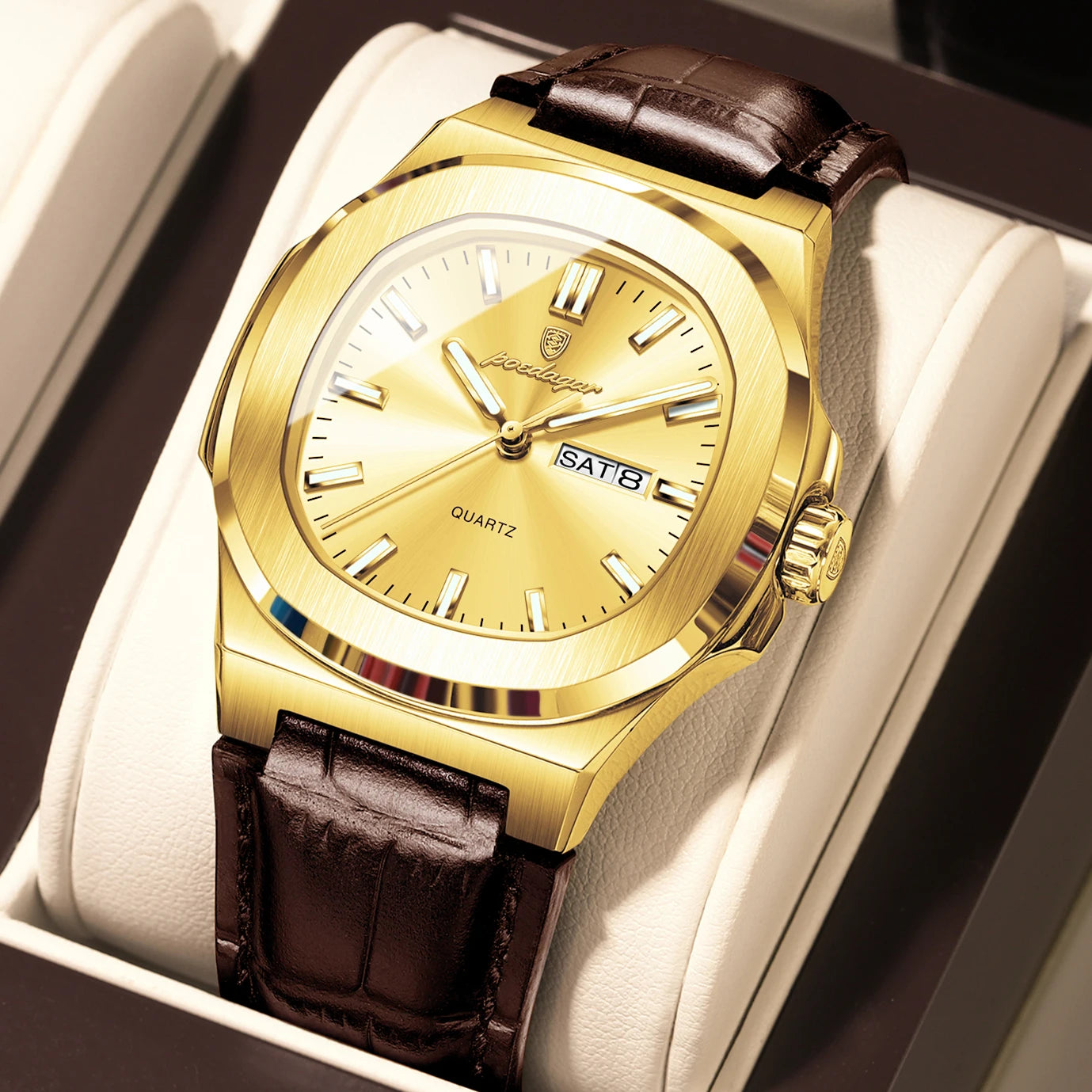 luckacco poedagar high quality watch for men luxury luminous waterproof week calendar man clock leather square men's quartz watches reloj