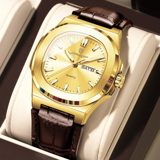 Luckacco POEDAGAR High Quality Watch For Men Luxury Luminous Waterproof Week Calendar Man Clock Leather Square Men's Quartz Watches Reloj