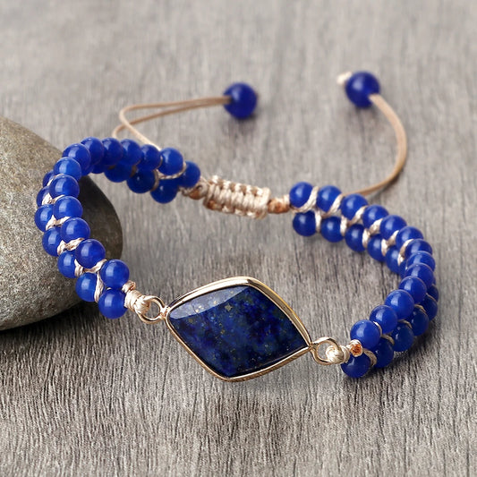 Luckacco Handmade Natural Chalcedony Stone Wrap Bracelet & Bangle Charm Lazurite Pendant Braided Beaded Bracelets Women Men Yoga Jewelry