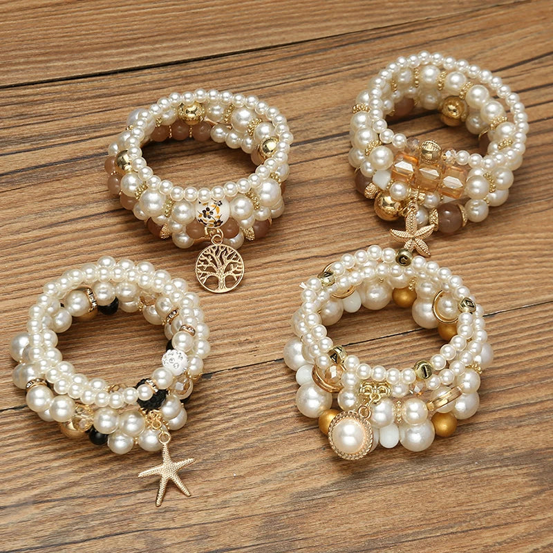 luckacco imitation pearl stretch bead bracelets set for women metal adjustable elastic charms vintage strand girls' fashion jewelry c1306