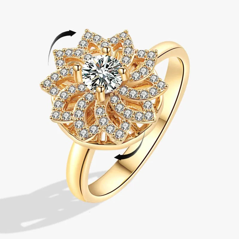 luckacco fashion fidget spinner ring anxiety for women multiple crystal sunflower finger rings rotate anti stress jewelry wedding gift