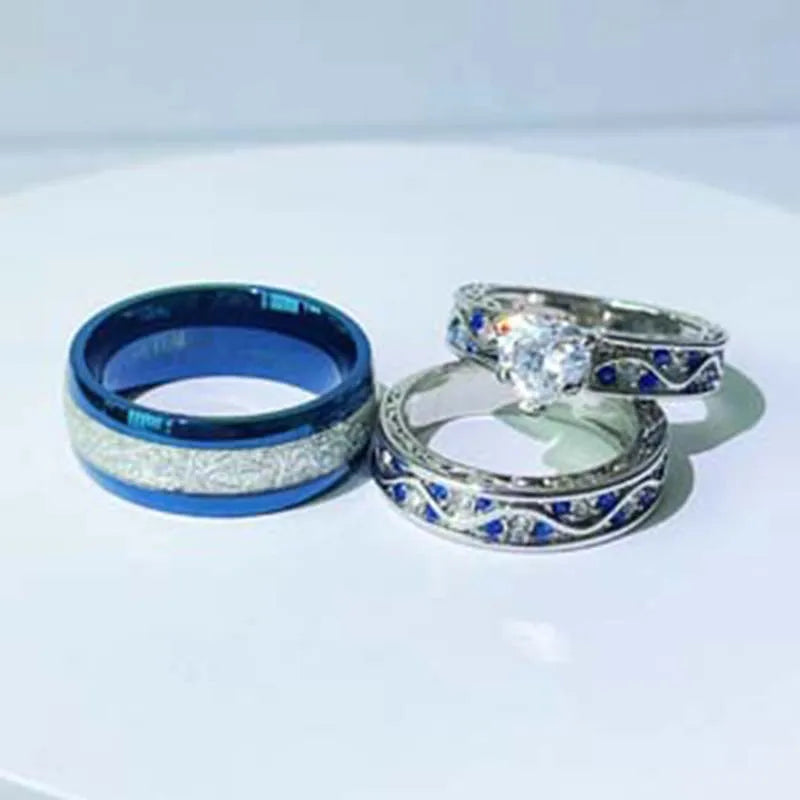 luckacco fashion couple rings romantic women heart zircon stone rings set men's blue stainless steel ring wedding party jewelry gifts