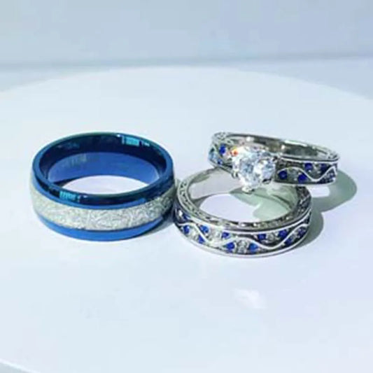 Luckacco Fashion Couple Rings Romantic Women Heart Zircon Stone Rings Set Men's Blue Stainless Steel Ring Wedding Party Jewelry Gifts