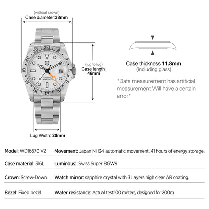Luckacco Watchdives WD16570 V2 Watch NH34 Automatic Movement Sapphire Crystal 20Bar Waterproof Luminous 38mm GMT Vintage Watches