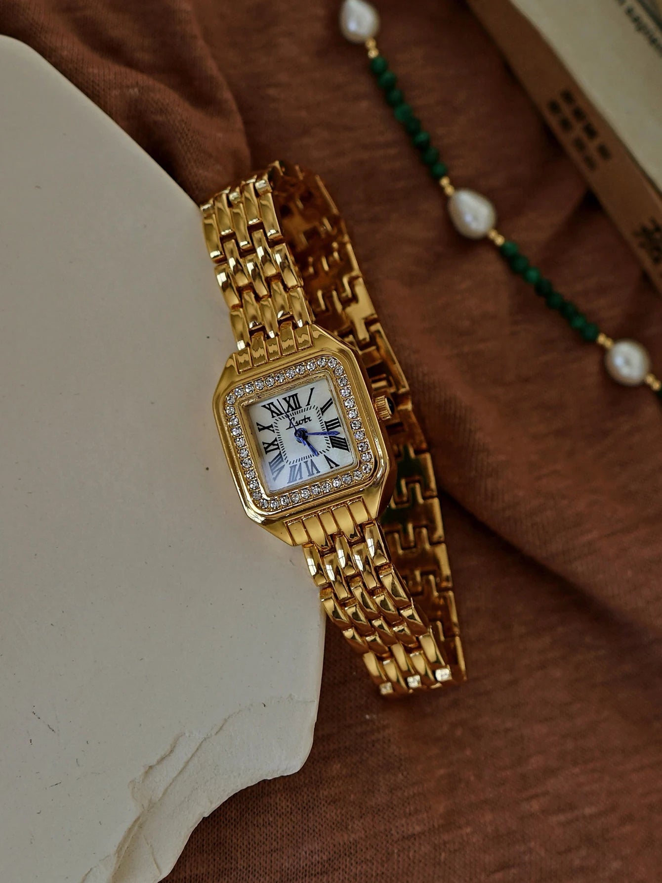 luckacco 1pc new arrival gold-tone square dial women's waterproof watch with inlaid rhinestone, elegant & simple style, watch for women