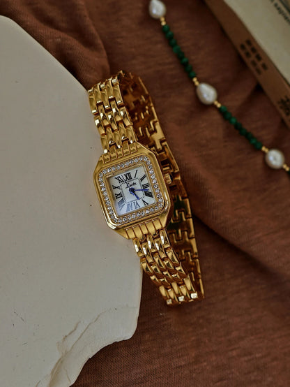 Luckacco 1pc New Arrival Gold-Tone Square Dial Women's Waterproof Watch With Inlaid Rhinestone, Elegant & Simple Style, watch for women