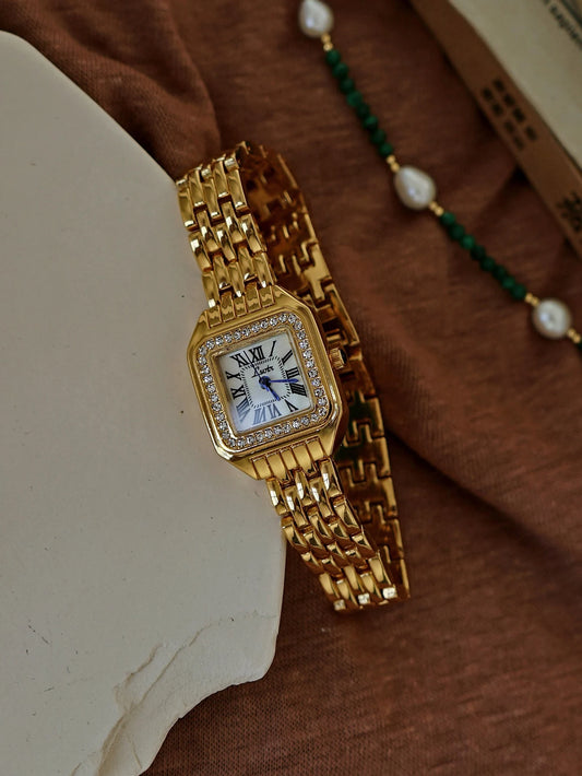 Luckacco 1pc New Arrival Gold-Tone Square Dial Women's Waterproof Watch With Inlaid Rhinestone, Elegant & Simple Style, watch for women